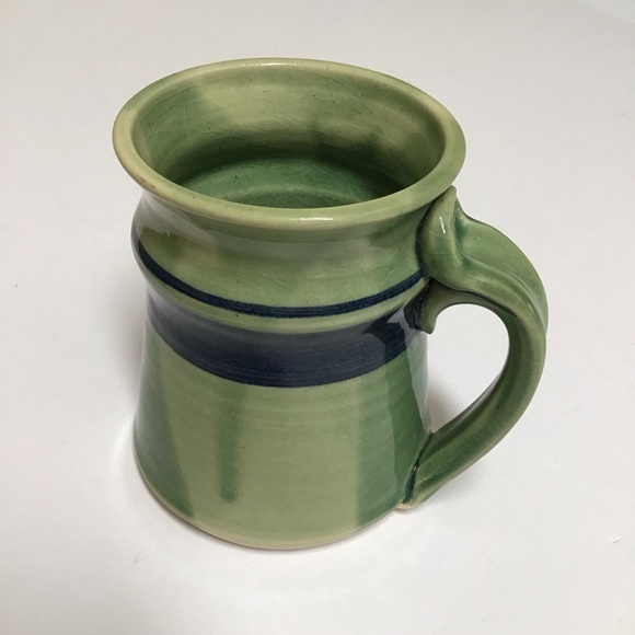 Studio Art Pottery Coffee Mug SIGNED Ray Green Blue Stripe Hand Thrown Vintage - Picture 1 of 14